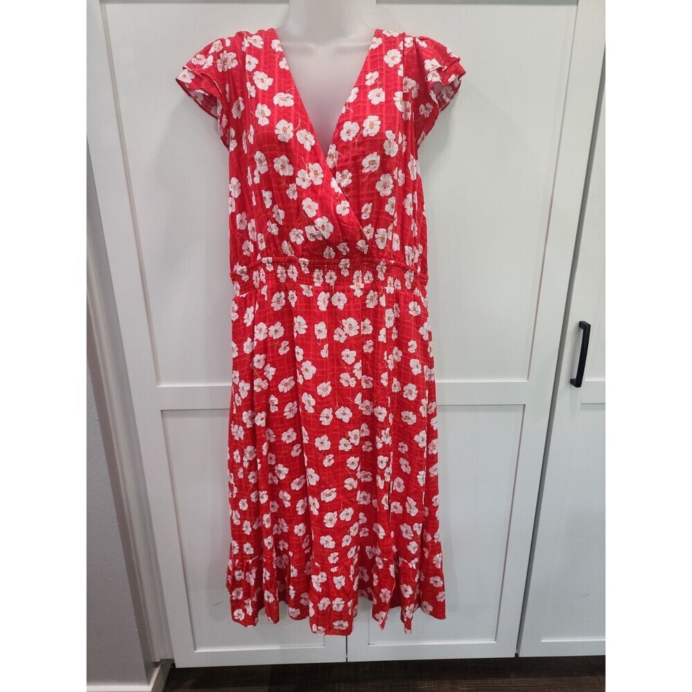 Draper James Flutter Sleeve Surplice Midi Dress Floral Red White Size XL POPPY